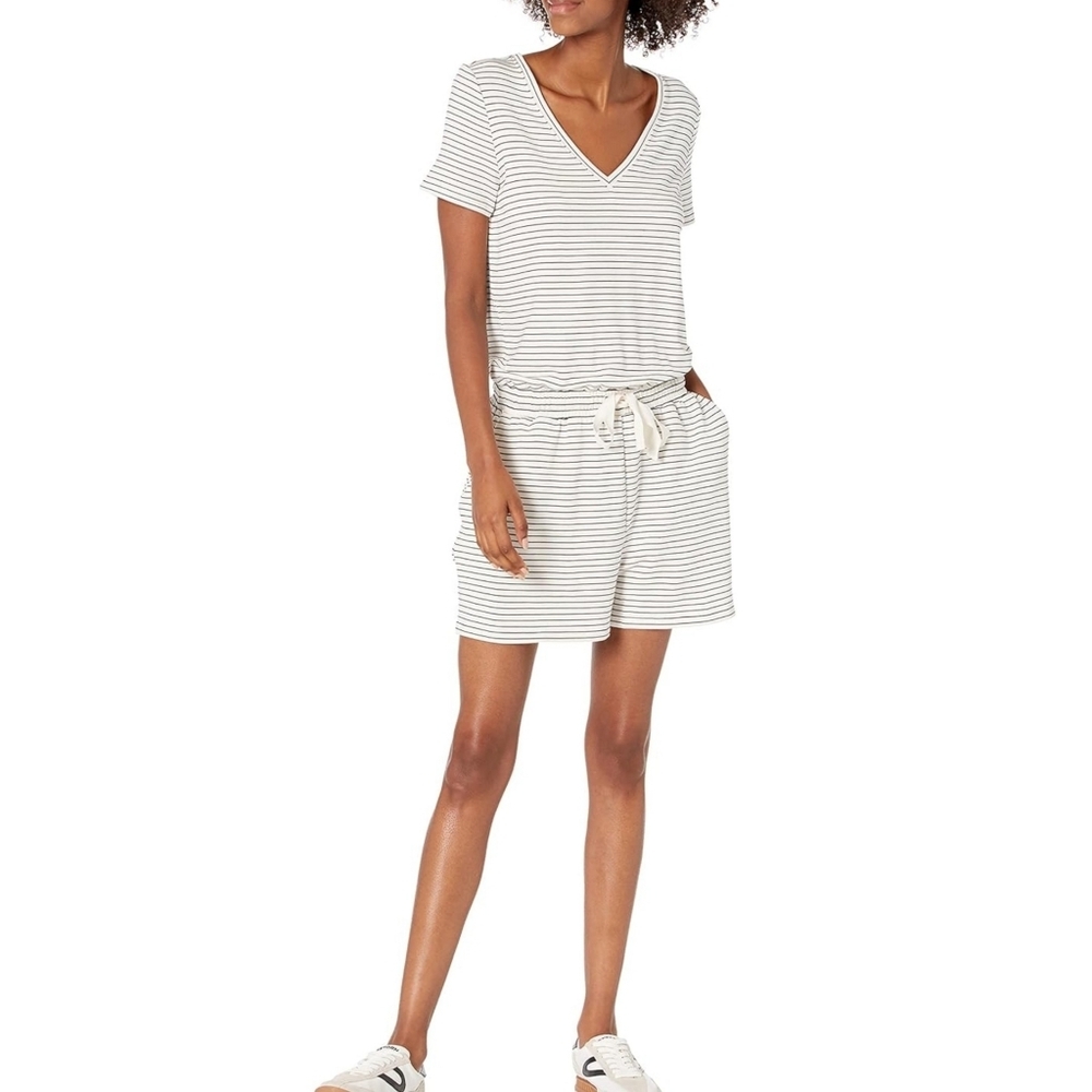 Amazon Essentials Short Sleeve V-neck Striped Romper White & Black Size S